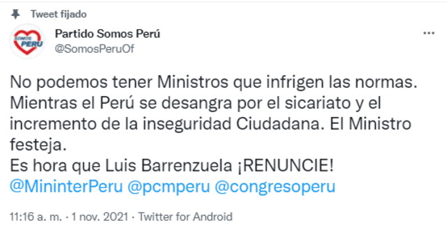 Somos Perú alzó su voz y se pronunció tras el escándalo que envuelve al titular del Ministerio del Interior. Foto: captura de Twitter