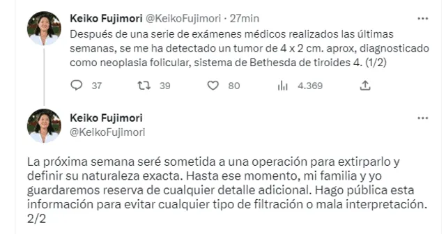 Keiko Fujimori se pronunció a través de su cuenta de Twitter. Foto: captura de Twitter/Keiko Fujimori   