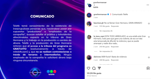 'Gran Hermano' alerta a sus seguidores de posible estafa. Foto: Instagram/Gran Hermano   