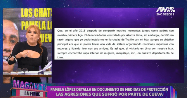 Magaly Medina leyó en vivo el documento de medidas de protección en la cual están escritas las agresiones que vivió Pamela López. Foto: ATV.   