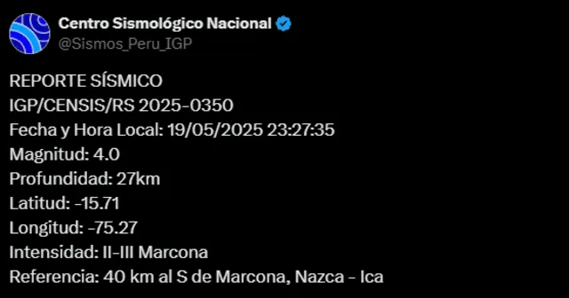 Sismo de magnitud 4.0 sacude Ica. Foto: IGP Sismo de magnitud 4.0 sacude Ica. Foto: IGP