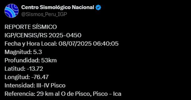  Sismo de magnitud 5.3 sacude Ica. Foto: IGP   
