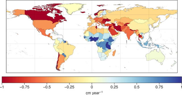  Tendencias del almacenamiento de agua terrestre (febrero de 2003 a abril de 2024) promediadas para cada país. Foto: Science Advances   