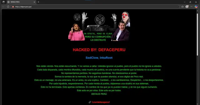 Captura de la página principal del Diario Oficial El Peruano tras hackeo. Captura de la página principal del Diario Oficial El Peruano tras hackeo.