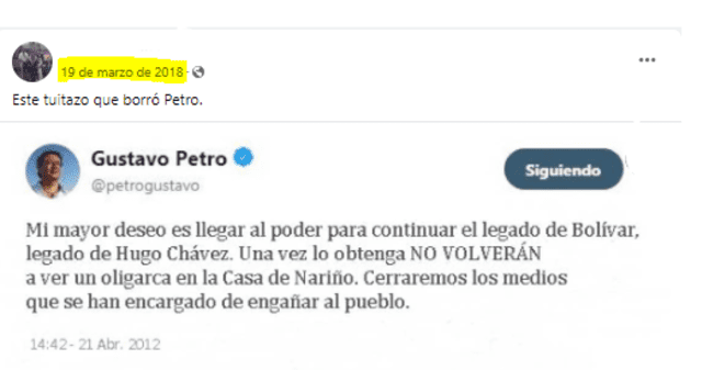 Publicación difundida en Facebook en el año 2018 durante las Elecciones Presidenciales de Colombia. Fuente: Captura LR, Facebook.