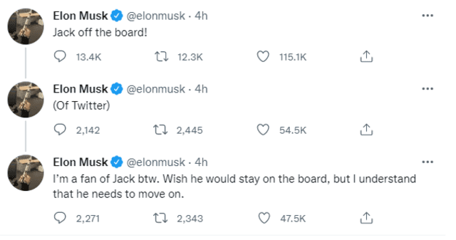 Publicación de Elon Musk tras la salida de Jack Dorsey del directorio de Twitter. Foto: Elon Musk