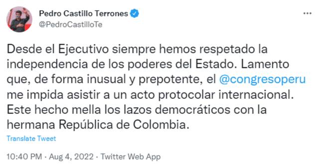 Presidente rechazó decisión del Congreso sobre su viaje a Colombia. Foto: Twitter/Pedro Castillo