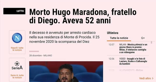 Hugo Maradona radicaba en Italia. Foto: captura La Gazzetta dello Sport