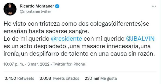 Ricardo Montaner se pronuncia tras canción de Residente y Bizarrap. Foto: captura de Twitter