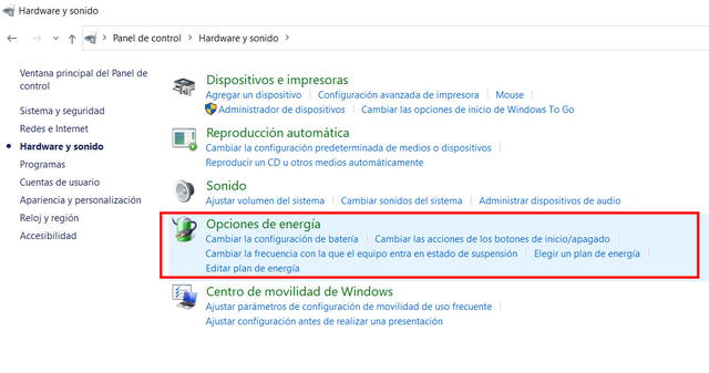 Panel de control de Windows 10