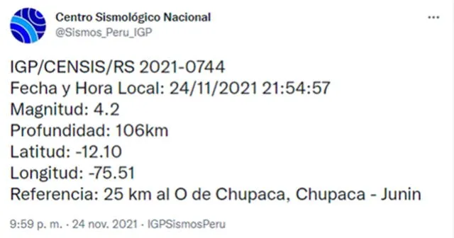 Los detalles del Sismo en Junín, hoy miércoles 24 de noviembre. Foto: captura de IGP