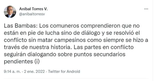 Aníbal Torres se pronunció a través de su cuenta de Twitter.