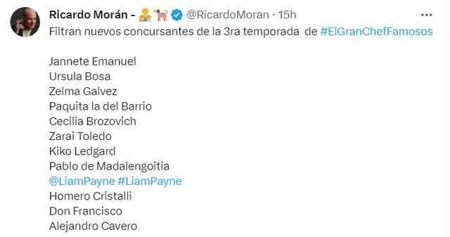 De forma sarcástica, Ricardo Morán publicó una curiosa lista de los nuevos 'jales' de 'El gran chef': Foto: Twitter/Ricardo Morán   