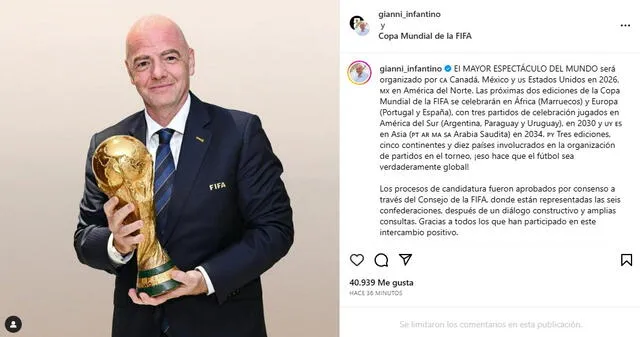 Anuncio de Infantino sobre el Mundial 2034. Foto: Instagram.   