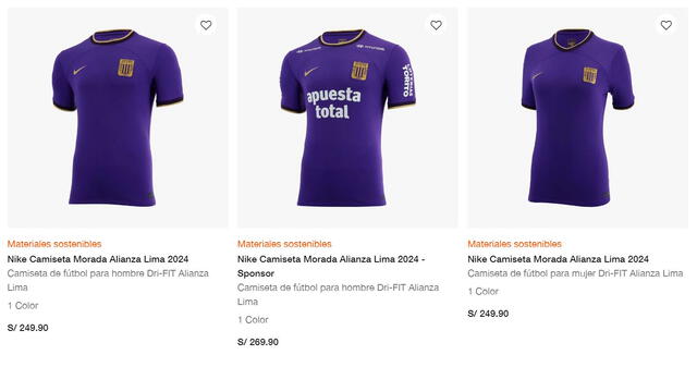 Precios camiseta morada de Alianza Lima. Foto: captura de sitio web Nike.   