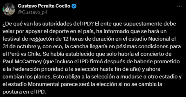  Gustavo Peralta dio cuenta de un cambio de opinión del IPD, que entregará el Estadio Nacional días después de lo pactado. Foto: captura    