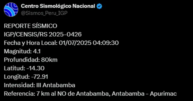  Sismo de magnitud 4.1 sacude Apurímac. Foto: IGP   