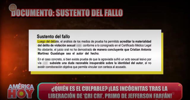 Fallo de Poder Judicial sobre 'Cri Cri'. Foto: Captura 'América hoy'   