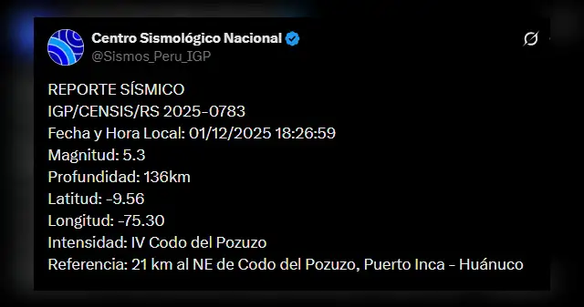 Sismo de 5,3 registrado en Huánuco. Foto: X   