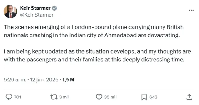 British Prime Minister, Keir Starmer reacts to the Air India plane crash. Photo: @Keir_Stamer/X British Prime Minister, Keir Starmer reacts to the Air India plane crash. Photo: @Keir_Stamer/X