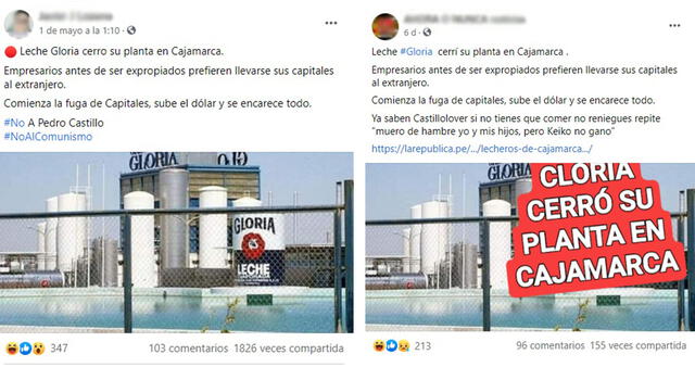 Virales alertan que “Leche Gloria cerró su planta en Cajamarca”. Foto: captura en Facebook.