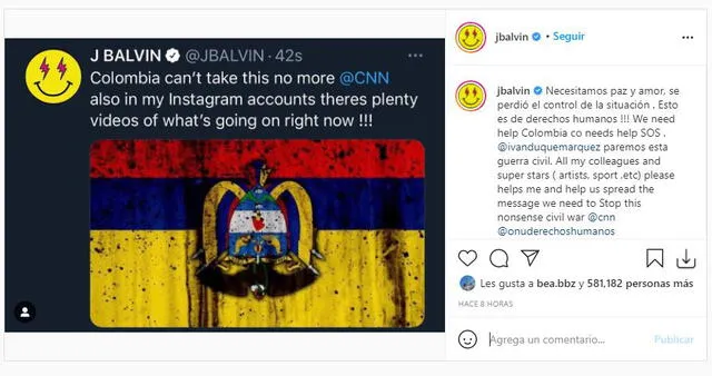 Mensaje de artistas ante crisis social en Colombia. Foto: capturas de Twitter e Instagram