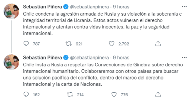"Chile condena la agresión armada de Rusia y su violación a la soberanía e integridad territorial de Ucrania", manifestó Piñera. Foto: captura de Twitter / @sebastianpinera