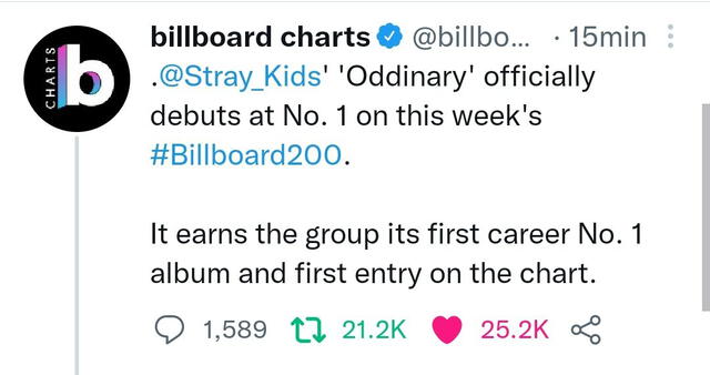 Anuncio de Billboard sobre Stray Kids. Foto: Twitter