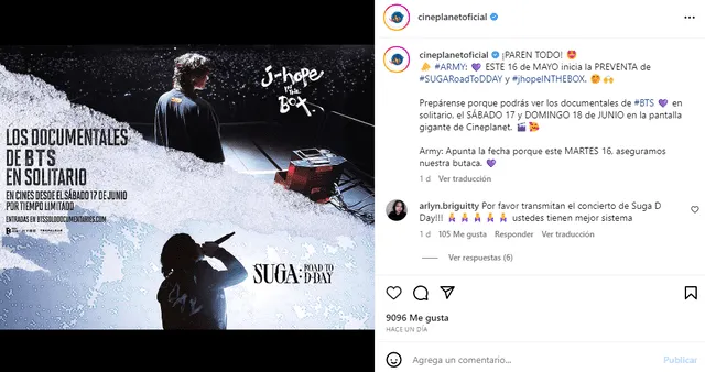  Documentales de Suga y J-Hope de BTS en Cineplanet. Foto: captura LR/Instagram/Cineplanet   