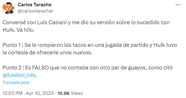 Carlos Tarache desmintió las versiones que se publicaron respecto a Luis Casiani y los botines que le entregó Hulk. Foto: Carlostaracher/X   