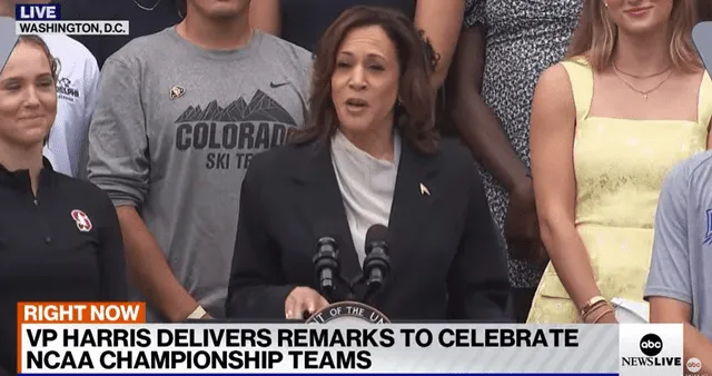 Kamala Harris se pronuncia en la conmemoración de los atletas que irán a los JJ.&nbsp;OO. de París 2024. Foto: ABC News.   