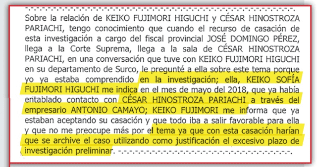 Keiko Fujimori le dijo a Yoshiyama que estaba en contacto con César Hinostroza por intermedio de Antonio Camayo.   