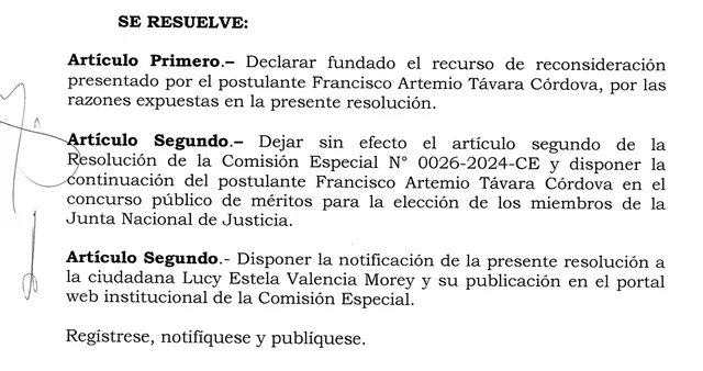 Resolución de la Comisión Especial JNJ que reincorpora a Francisco Távara. Resolución de la Comisión Especial JNJ que reincorpora a Francisco Távara.
