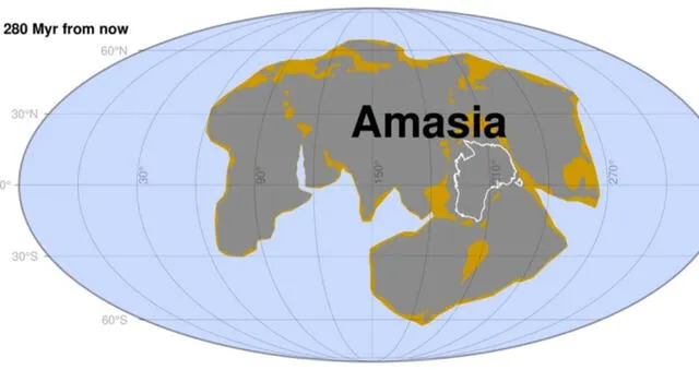 Ilustración de cómo podría ser el supercontinente Amasia en 280 millones de años. Foto: Universidad Curtin
