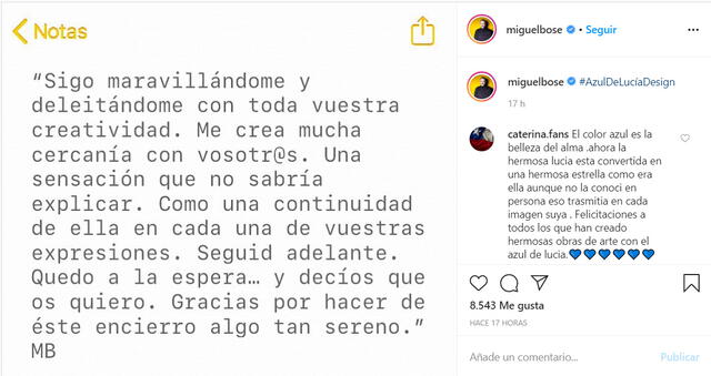 La publicación de Miguel Bosé en su cuenta de Instagram en agradecimiento a sus fans.