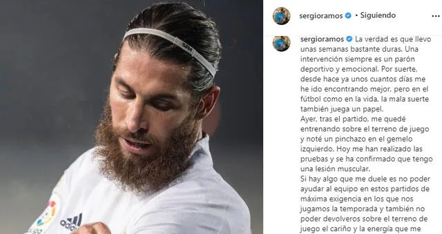 Mensaje de Sergio Ramos en Instagram donde confirma su lesión. Foto: Instagram
