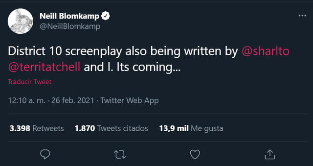 Neill Blomkamp, director de Distrito 9, anuncia la secuela. Foto: @NeillBlomkamp/Twitter