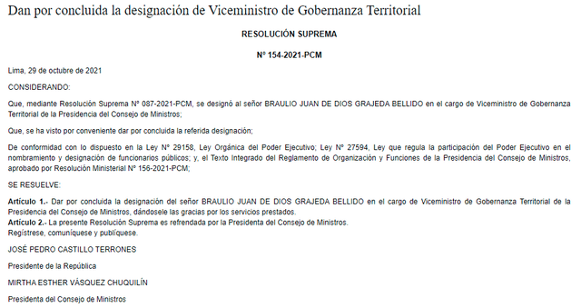 Ejecutivo da por concluida designación de Braulio Grajeda como viceministro en la PCM. Foto: captura