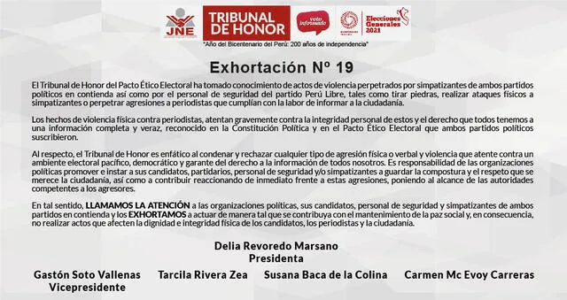 Exhortación del Tribunal de Honor