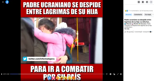 Video compartido por usuarios afirmando que se muestra a un padre ucraniano despidiéndose de su hija para “combatir por su país”. Fuente: Captura LR, Facebook.