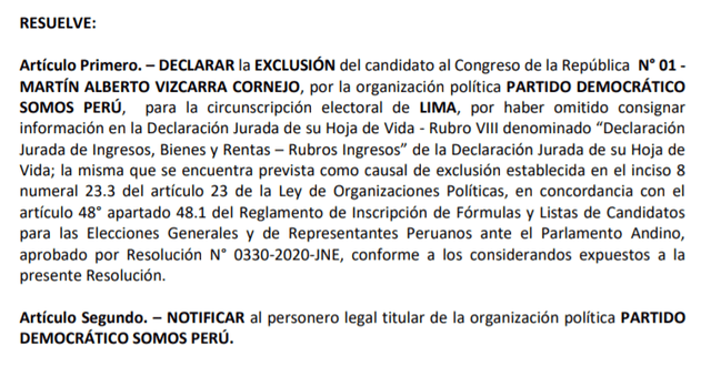 Exclusión candidatura de Vizcarra.