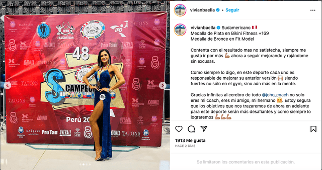 Mensaje de la exvoleibolista tras sus logros. Foto: Instagram/Vivian Baella.   