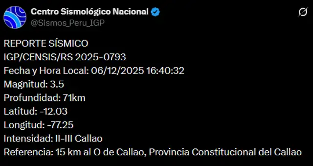 Sismo de 3,5 se sintió en el Callao. Foto: IGP   