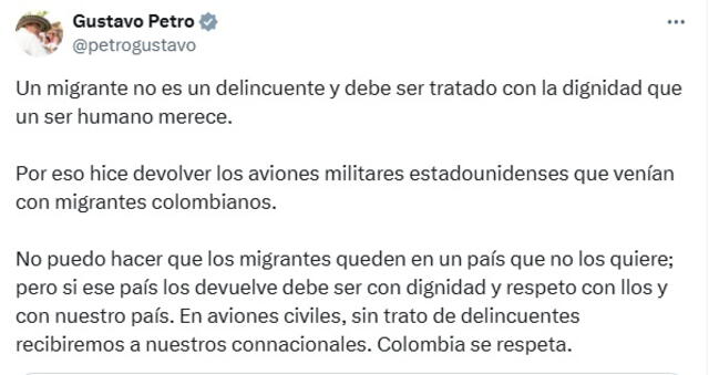 Statement from the Colombian President, Gustavo Petro, against Trump's deportation. Photo: X   