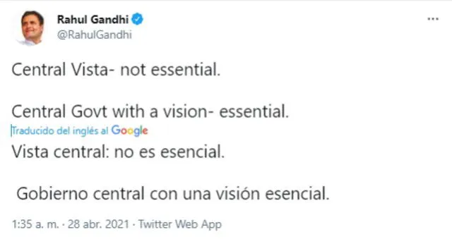 El diputado opositor Rahul Gandhi sostuvo que el "ego" de Modi es "más grande que la vida de las personas". Foto: captura de Twitter