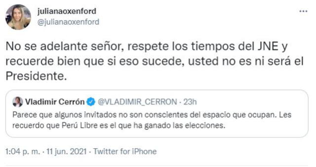 Juliana Oxenford responde a Vladimir Cerrón