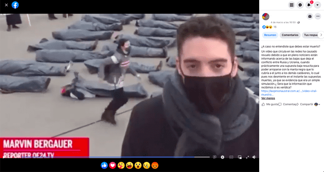 Publicación que muestra a un supuesto cadáver, víctima de la guerra en Ucrania, acomodando la bolsa especial que lo cubre. Fuente: Captura LR, Facebook.