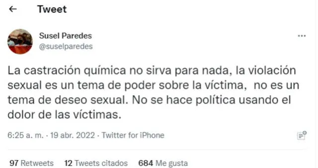 La congresista Susel Paredes se pronunció a través de su cuenta de Twitter