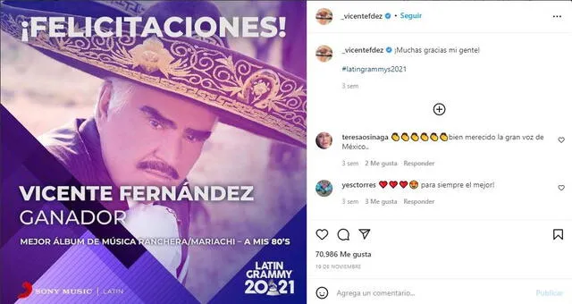 Vicente Fernández ganó un Latin Grammy 2021.  Foto: Vicente Fernández/ Instagram