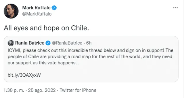 “Todos los ojos y la esperanza puestos en Chile”, publicó el actor Mark Ruffalo. Foto: @MarkRuffalo / Twitter